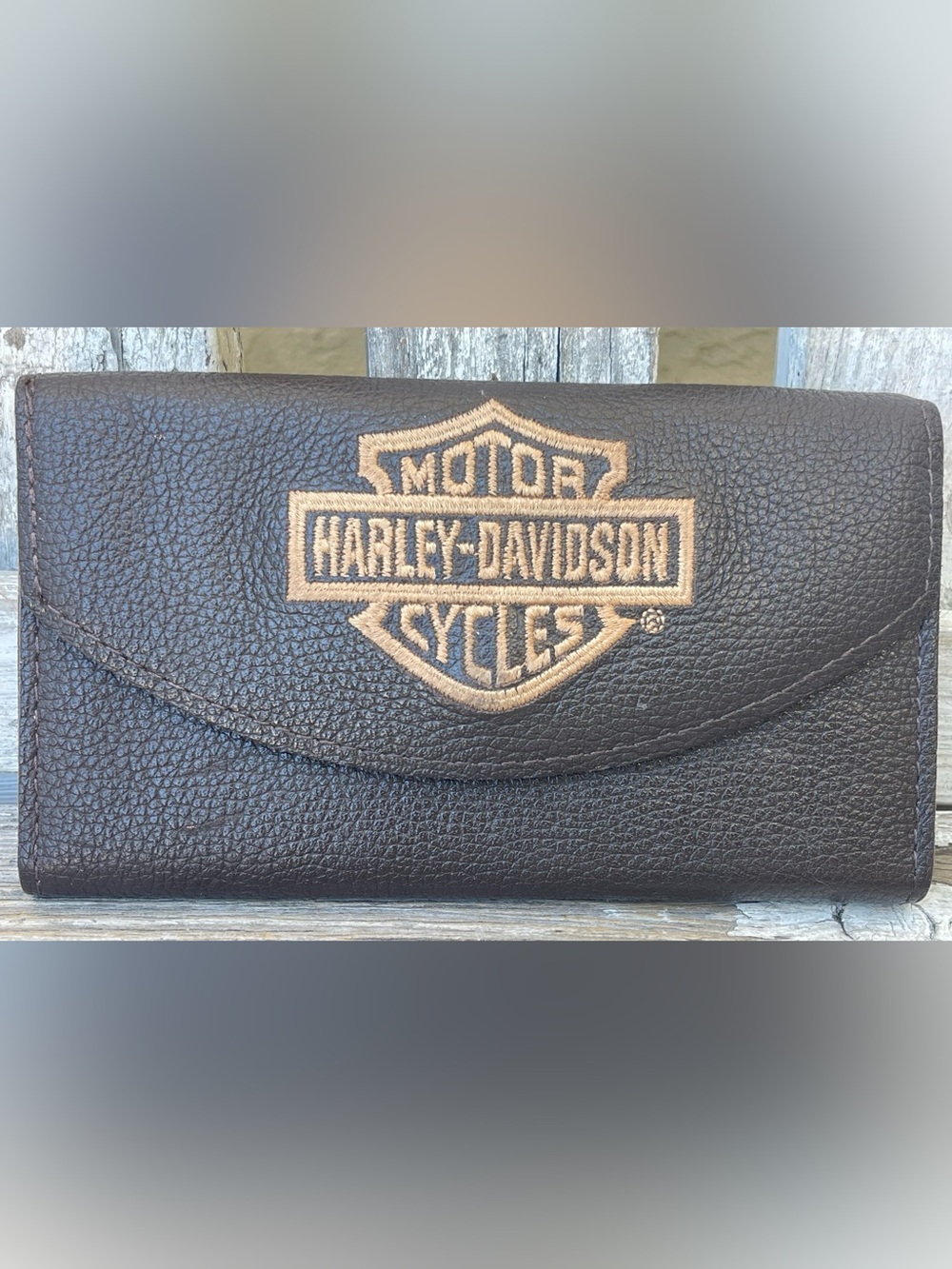 Harley-Davidson Brown Leather Trifold Checkbook Wallet Bar Shield Logo Snap